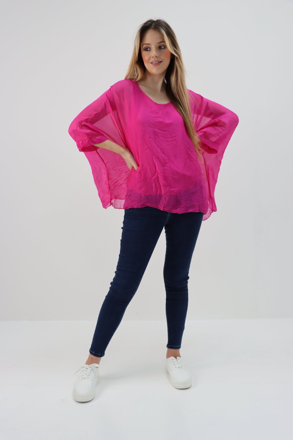 Italian Plain Batwing Silk Tunic Top